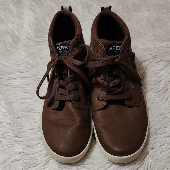 Sperry Other - Sperry Boys Cruise Mid Top Siders Sneakers Brown Faux Leather Lace Up Shoes 3.5